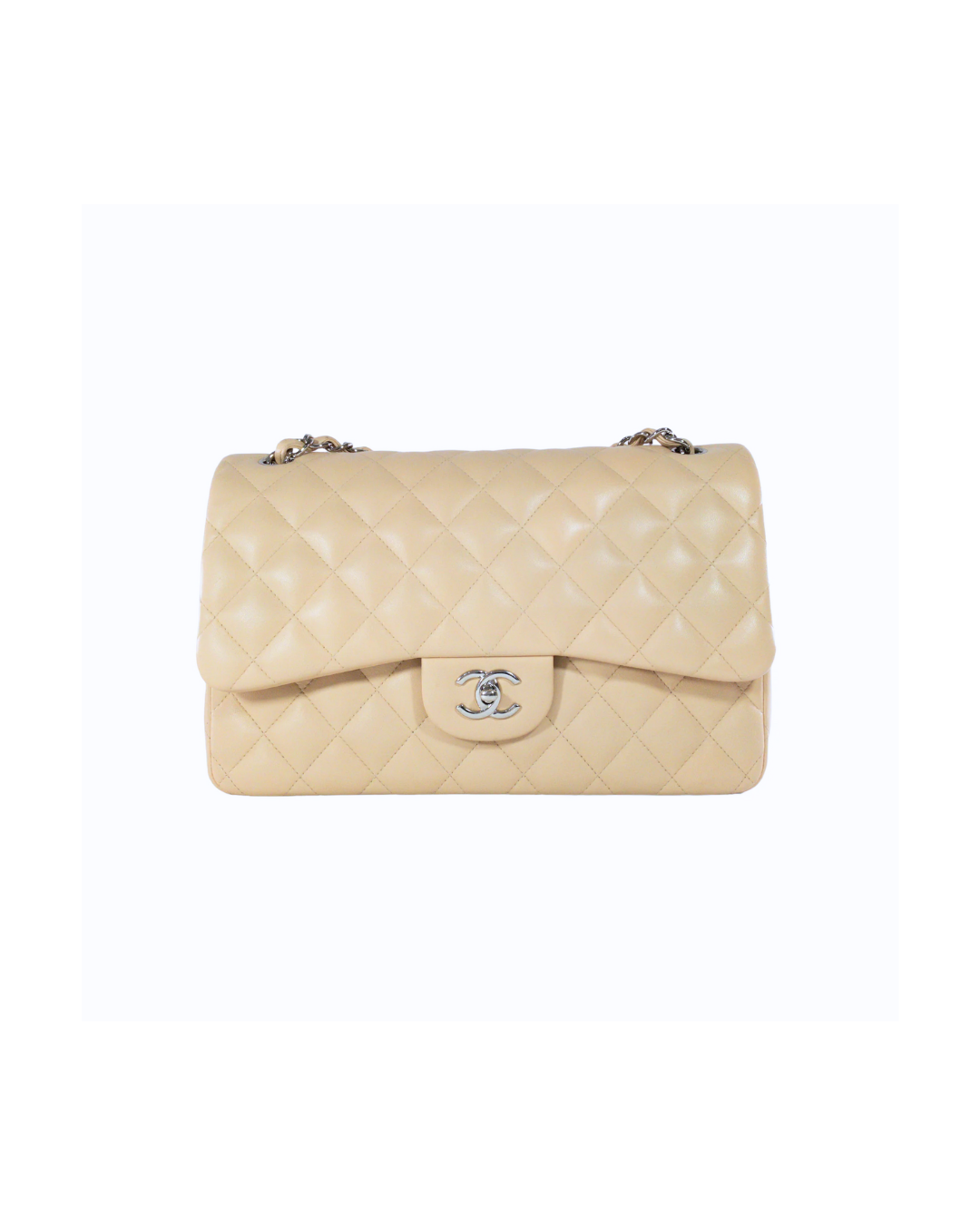 Beige Jumbo Double Flap Silver HW