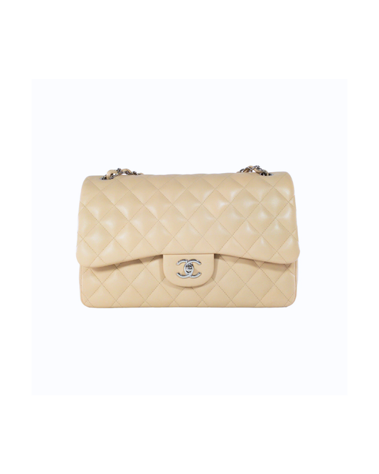 Beige Jumbo Double Flap Silver HW