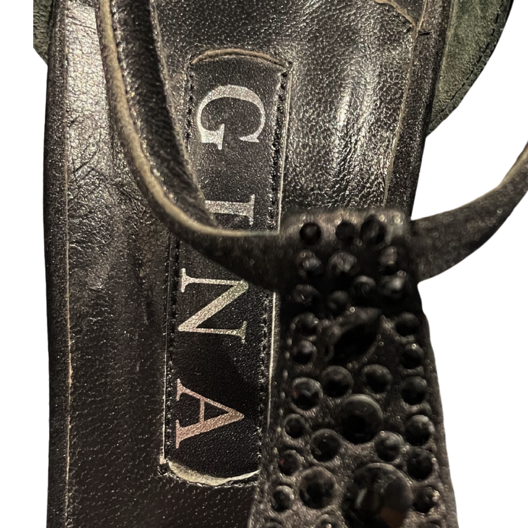 Black Satin Diamante T Strap Heel